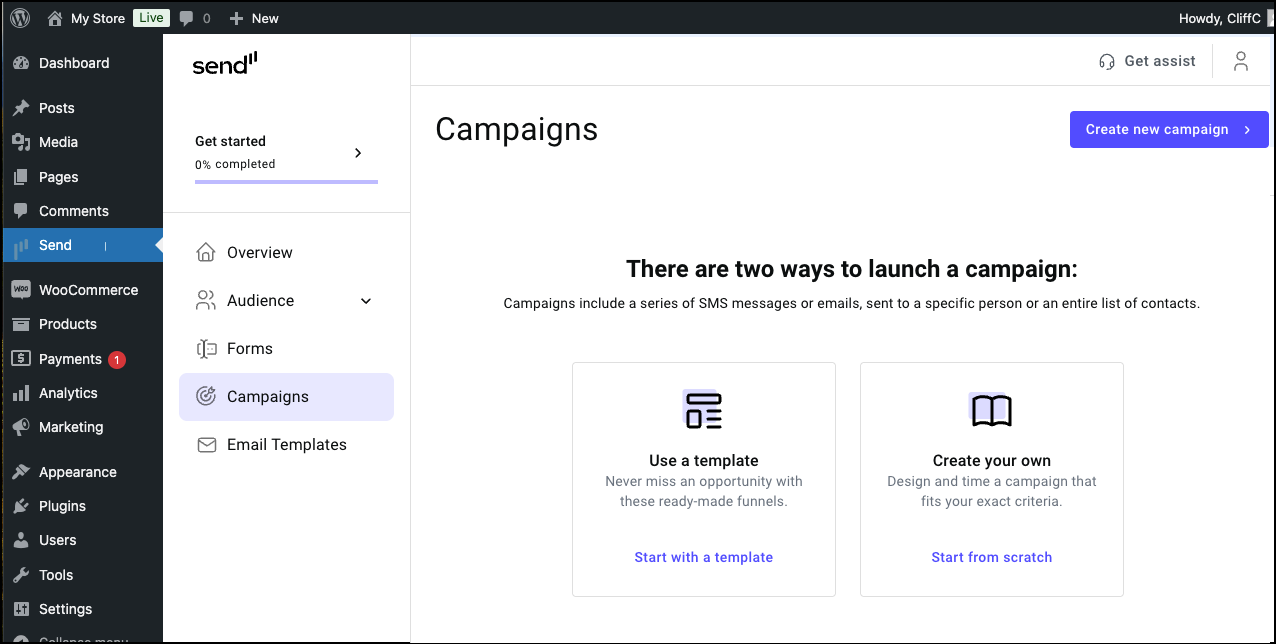 Create a campaign using a template 5 Click Start with template 1